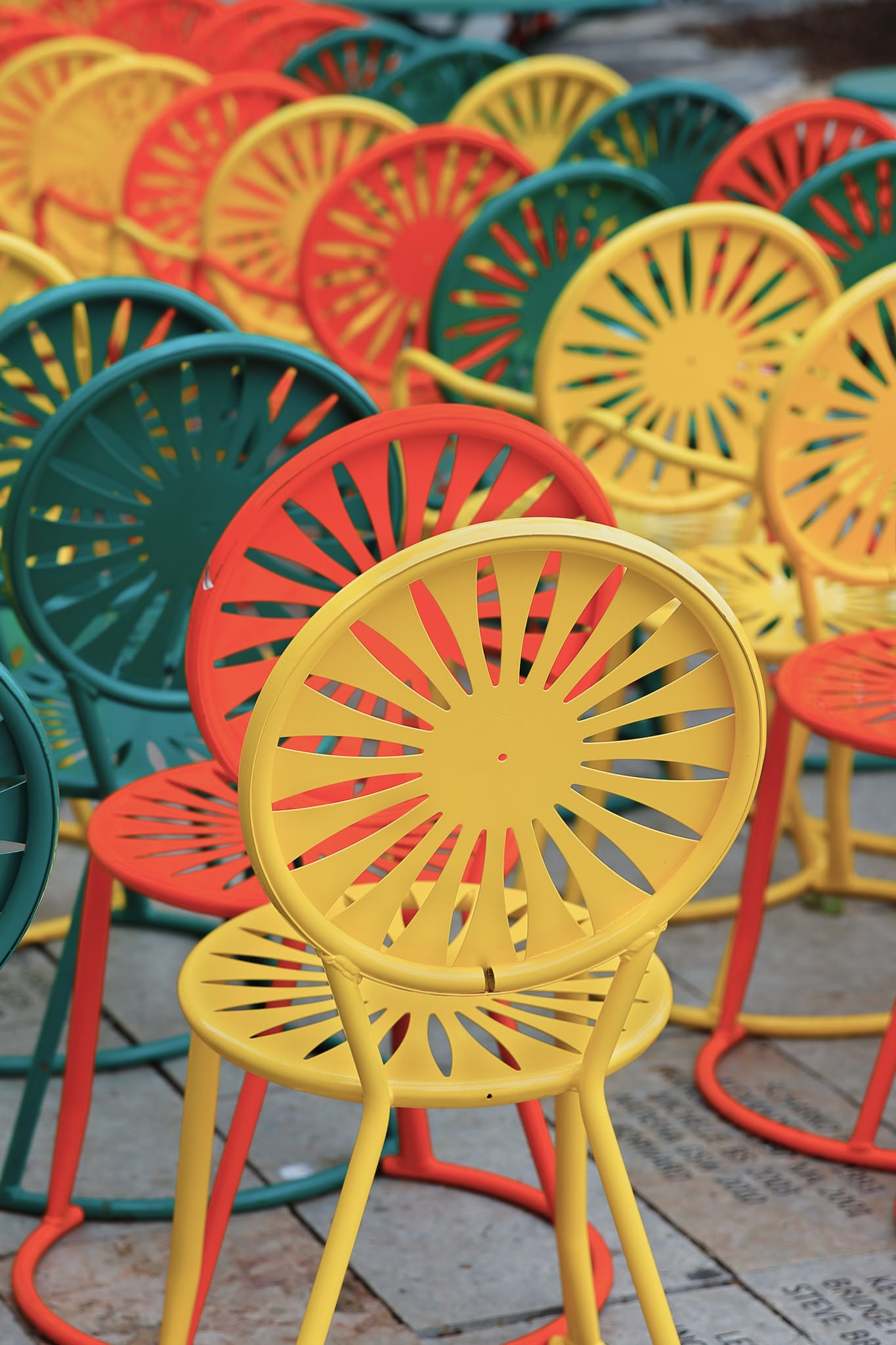 Colorful chairs at Memorial Union Terrace on the campus of the University of Wisconsin–Madison. The terrace a popular outdoor space overlooking Lake Mendota.